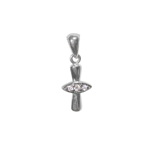 Highly Polished Sterling Silver Small Cross Pendant with Eye-Shaped Cubic Zirconia Center for Easter or Gift of Faith