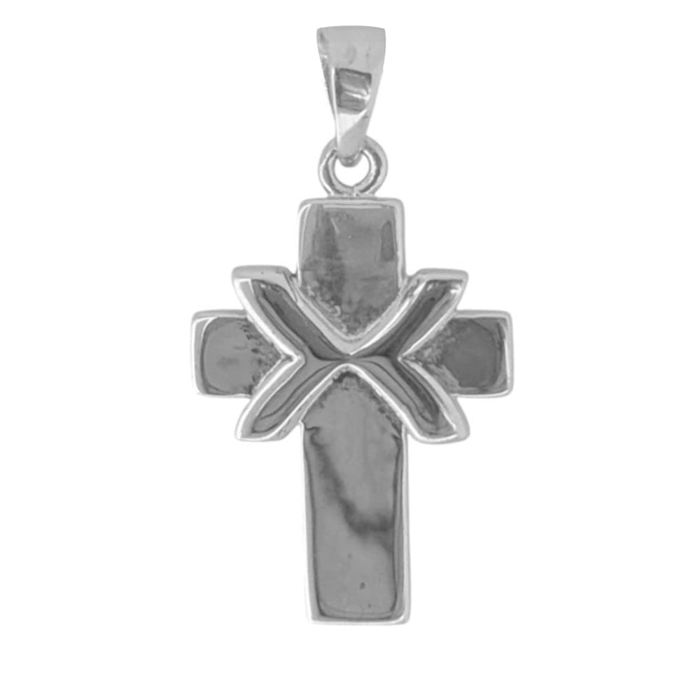 Sterling Silver Mirror Polished Cross Pendant with Textured Rope Center – High Shine Christian Necklace Charm, Easter or Faith Gift Idea