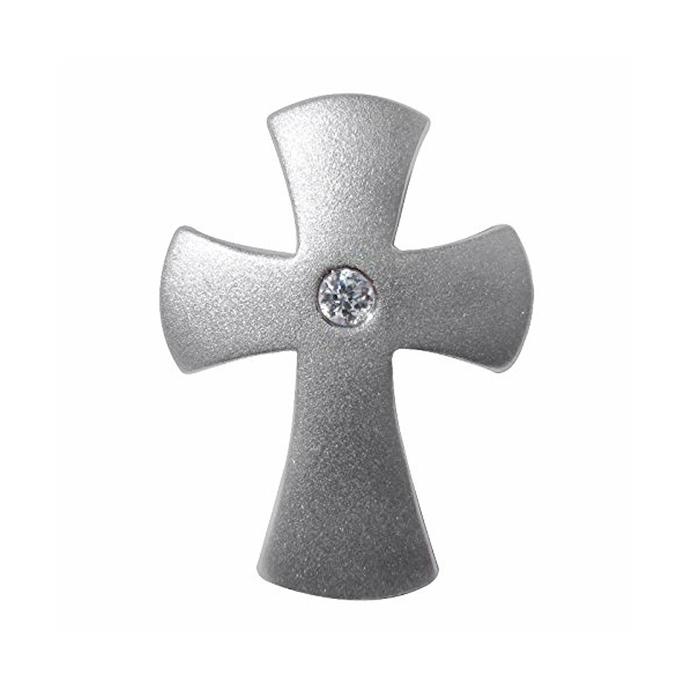 Satin Polished Sterling Silver Flared Cross Pendant with Bezel-Set Round-Cut Cubic Zirconia Centerfor Easter or Gift of Faith