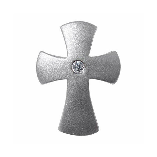 Satin Polished Sterling Silver Flared Cross Pendant with Bezel-Set Round-Cut Cubic Zirconia Centerfor Easter or Gift of Faith