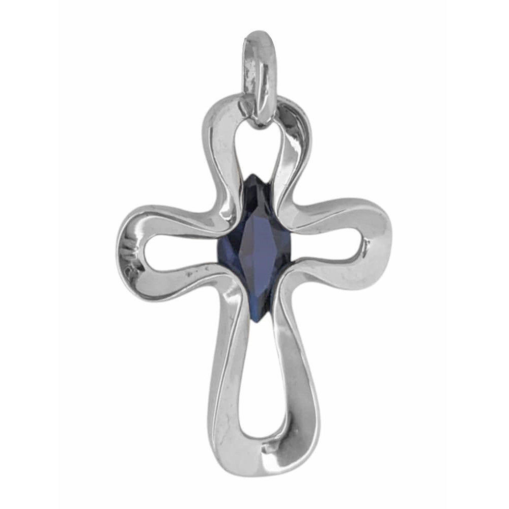 Sterling Silver Open Cross Pendant with Tension-Set Blue Marquise Cubic Zirconia – Large Polished Christian Necklace Charm, Faith & Celebration Gift