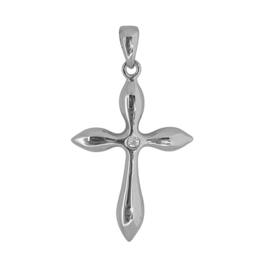 Highly Polished Sterling Silver Cross Pendant with Bezel Set Center Cubic Zirconia and Tapered Edges for Easter or Gift of Faith