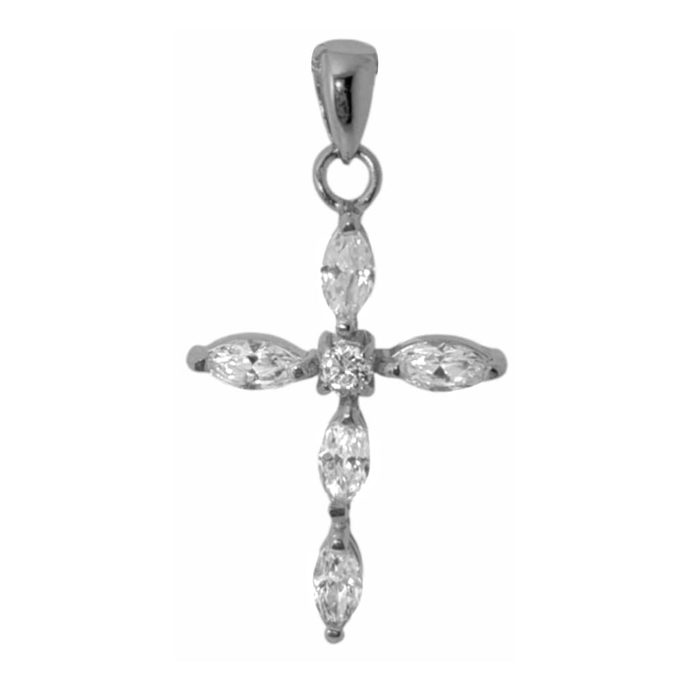 Highly Polished Sterling Silver Cross Pendant with Marquise and Round-Cut Cubic Zirconia Accents for Easter or Gift of Faith