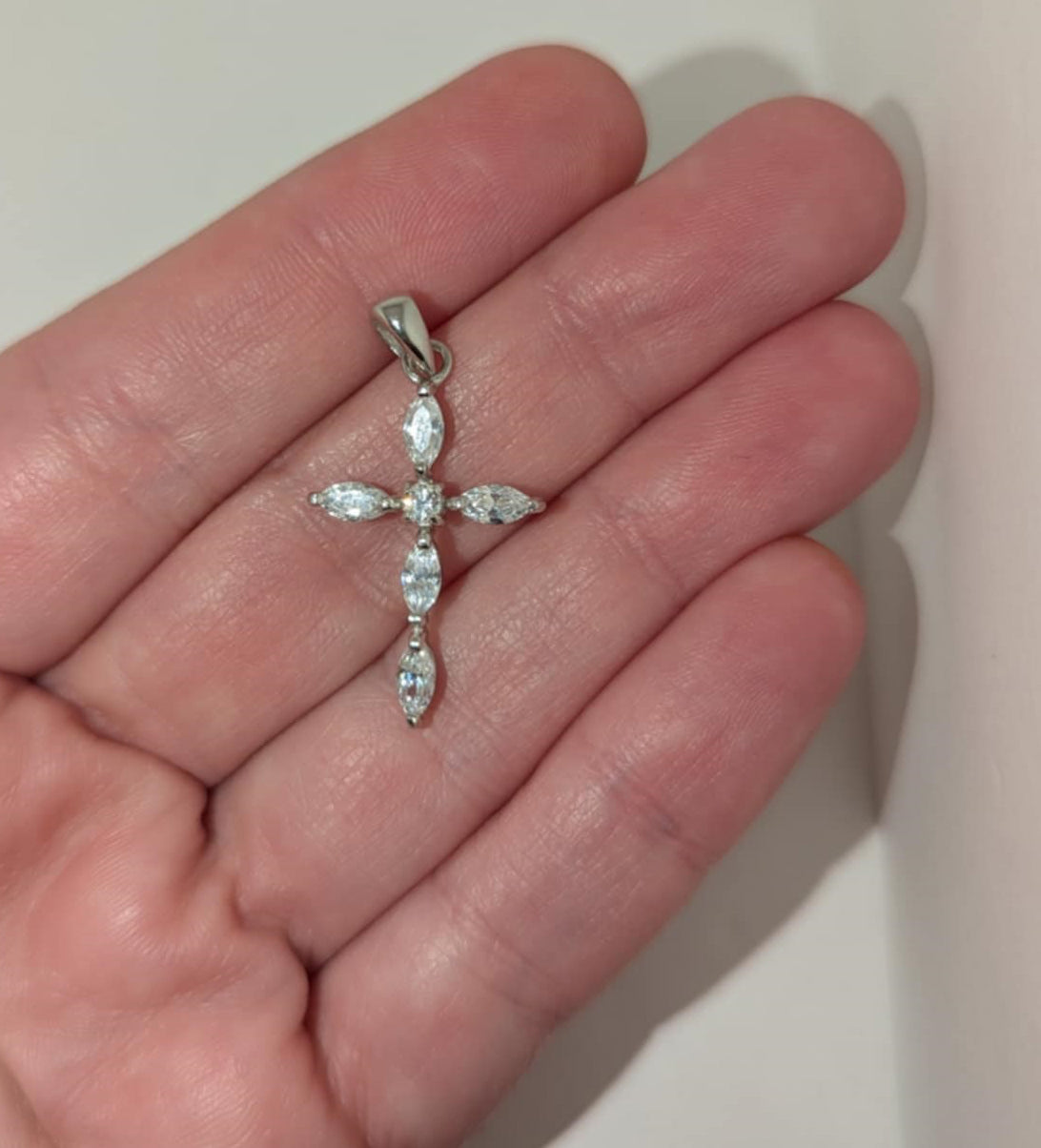 Highly Polished Sterling Silver Cross Pendant with Marquise and Round-Cut Cubic Zirconia Accents for Easter or Gift of Faith
