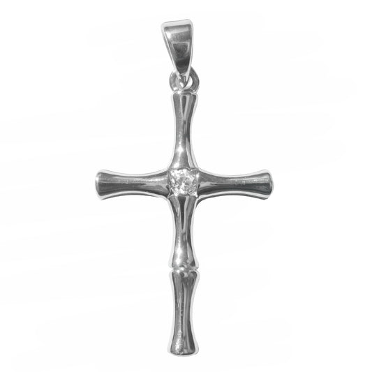 Polished Sterling Silver Roman Cross Pendant with Bamboo Design and Bezel-Set Round-Cut Cubic Zirconia for Easter or Gift of Faith