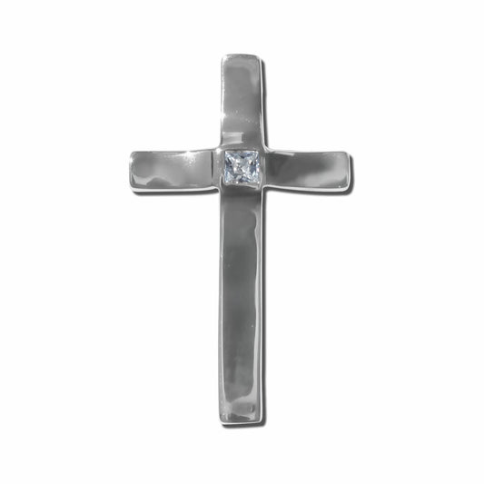 Sterling Silver Roman Cross Pendant with Square-Cut Cubic Zirconia – Mirror Polished Christian Charm for Necklaces – Elegant Religious Easter Gift for Women or Men