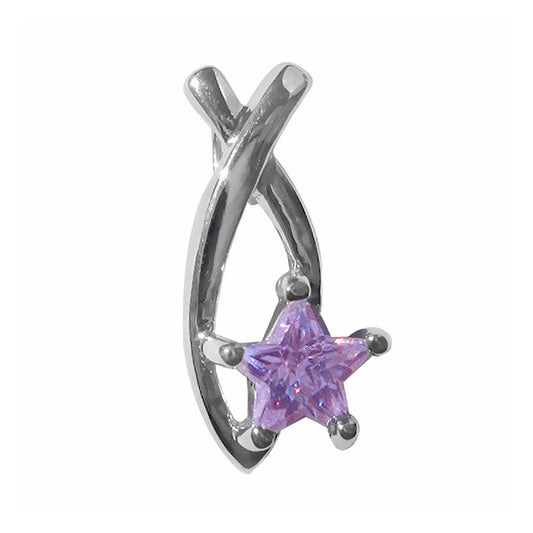 Sterling Silver Ichthys Jesus Fish Pendant with Purple Star-Cut Cubic Zirconia – Polished Christian Necklace Charm – Unique Religious Easter Gift for Women