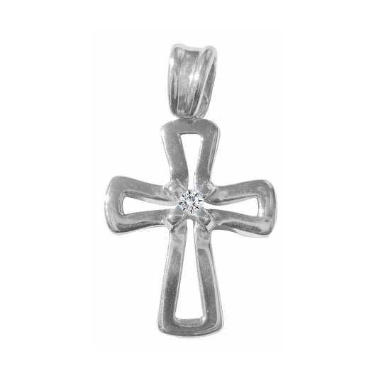 Sterling Silver Flared Open Cross Pendant with Round Cubic Zirconia – High Polish Christian Jewelry Gift for Everyday Faith Wear