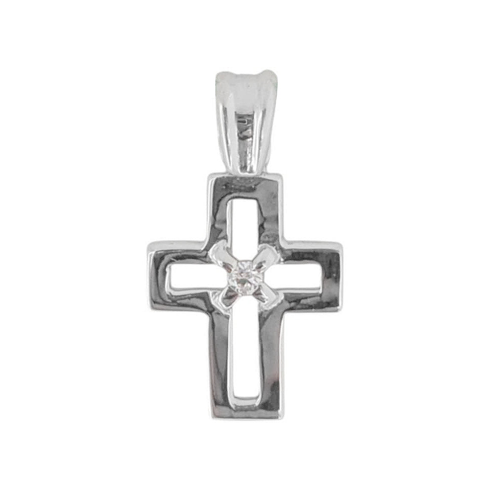 Sterling Silver Cross Pendant with Round Cubic Zirconia – Polished Christian Jewelry for Easter or Everyday Faith-Inspired Gift