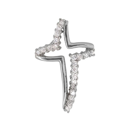 Open Free-Form Design Sterling Silver Cross Pendant with Prong-Set Cubic Zirconia Accents for Easter or Gift of Faith