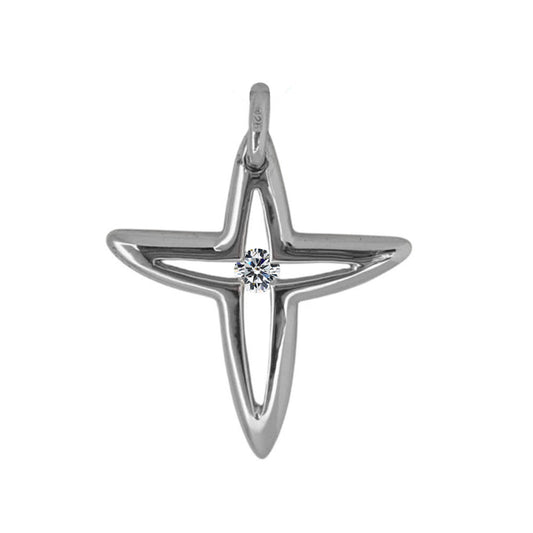 Highly Polished Sterling Silver Open Angular Cross Pendant with Round-Cut Cubic Zirconia Center for Easter or Gift of Faith