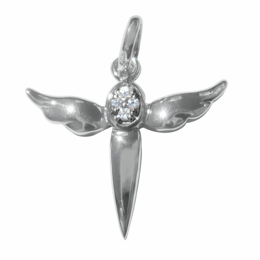 High Polished Sterling Silver Cross with Wings Pendant Featuring Round-Cut Cubic Zirconia Accents for Easter or Gift of Faith
