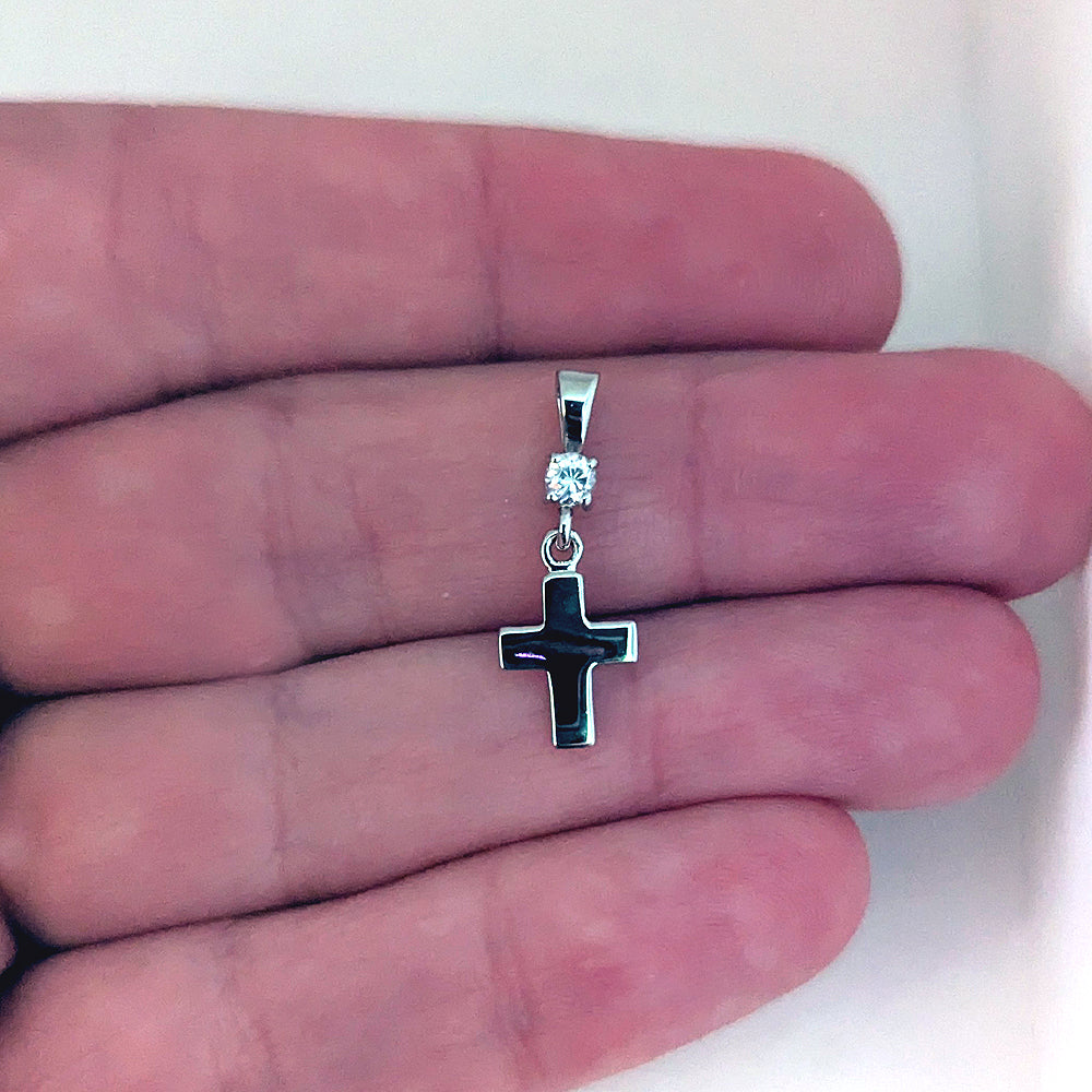 Sterling Silver Small Roman Cross Pendant with Round Cubic Zirconia – High Polish Christian Charm for Necklace – Minimalist Religious Easter Gift
