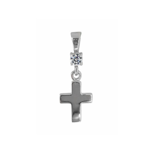 Sterling Silver Small Roman Cross Pendant with Round Cubic Zirconia – High Polish Christian Charm for Necklace – Minimalist Religious Easter Gift