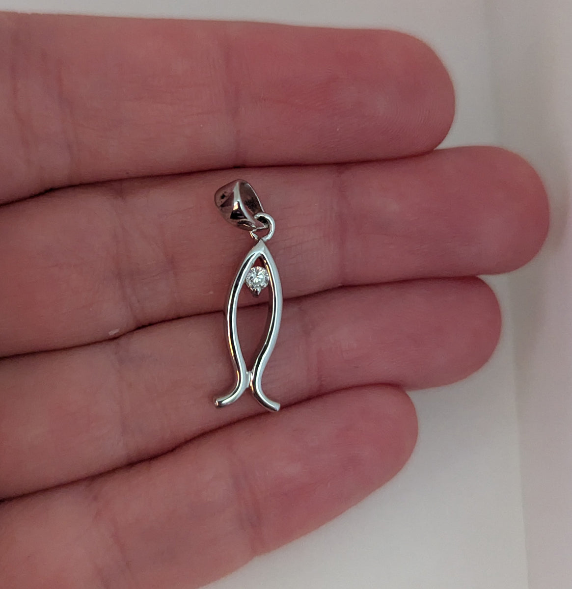 Sterling Silver Ichthys Jesus Fish Pendant with Cubic Zirconia – Polished Christian Charm for Necklace – Symbolic Religious Easter Gift for Women