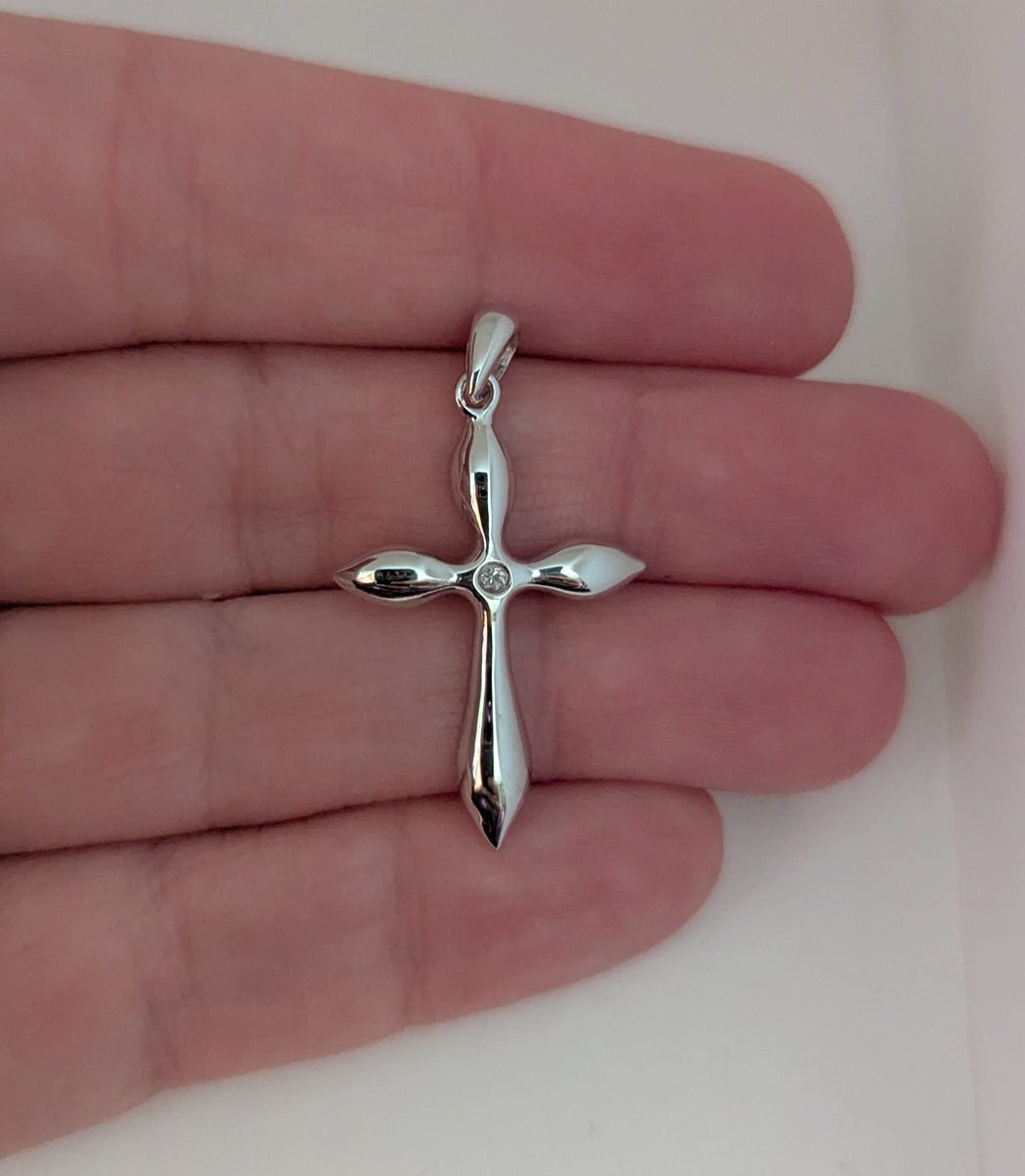 Highly Polished Sterling Silver Cross Pendant with Bezel Set Center Cubic Zirconia and Tapered Edges for Easter or Gift of Faith