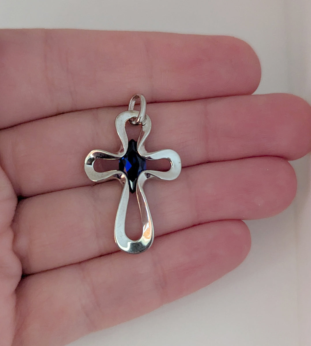 Sterling Silver Open Cross Pendant with Tension-Set Blue Marquise Cubic Zirconia – Large Polished Christian Necklace Charm, Faith & Celebration Gift