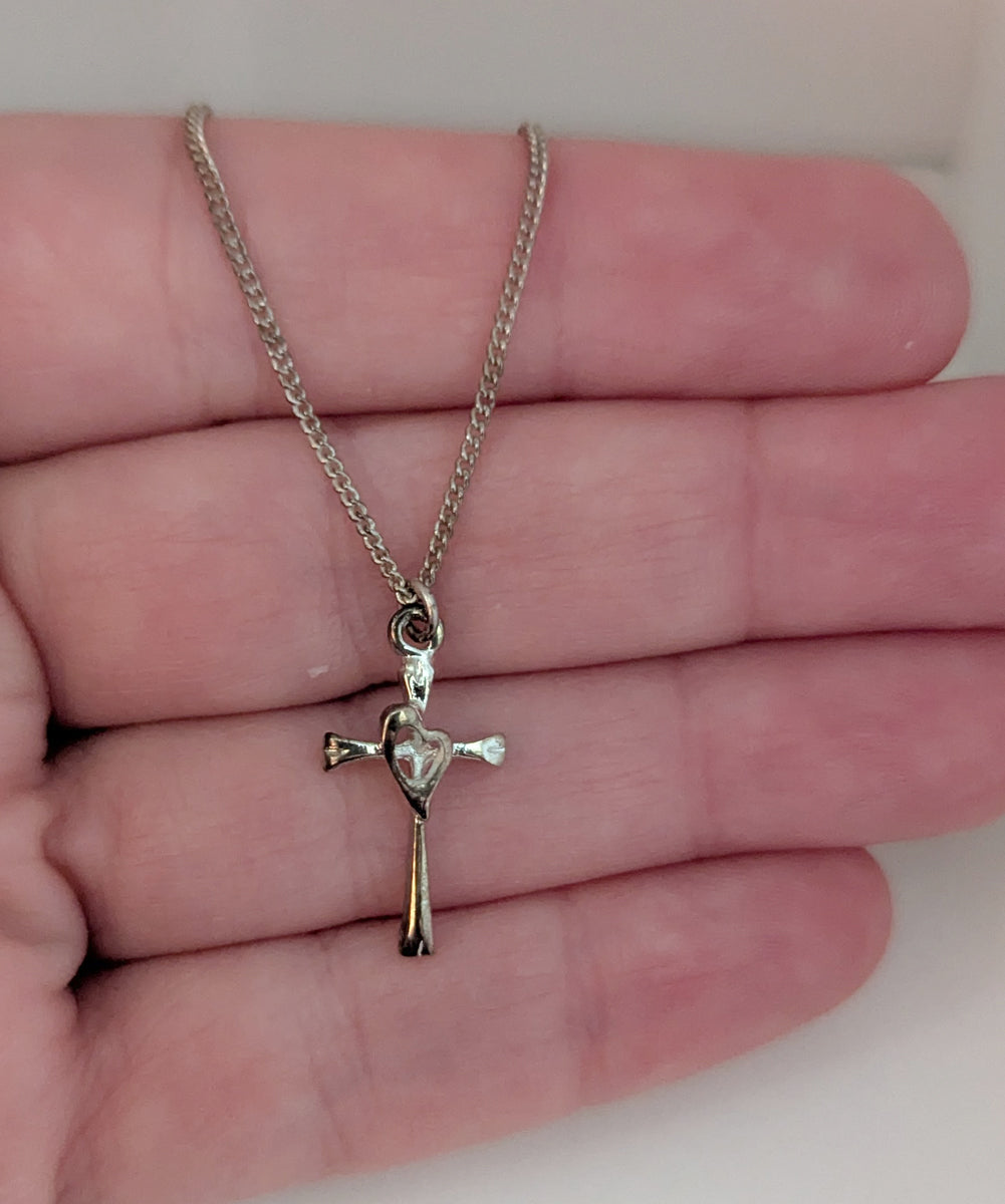 Oxidized Sterling Silver Cross Pendant with Open Heart Cut-Out – Vintage-Style Christian Charm for Necklaces – Rustic Religious Easter Gift for Women