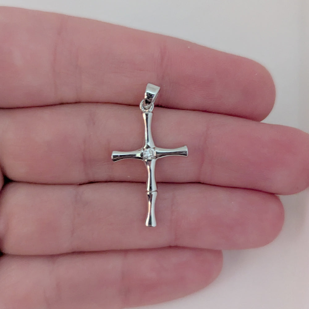 Polished Sterling Silver Roman Cross Pendant with Bamboo Design and Bezel-Set Round-Cut Cubic Zirconia for Easter or Gift of Faith