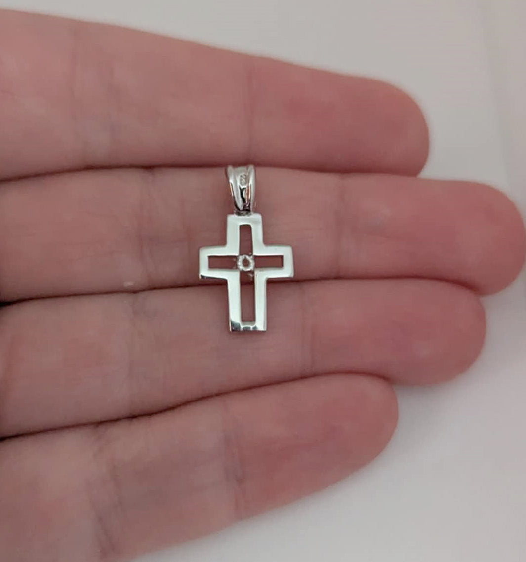 Sterling Silver Cross Pendant with Round Cubic Zirconia – Polished Christian Jewelry for Easter or Everyday Faith-Inspired Gift