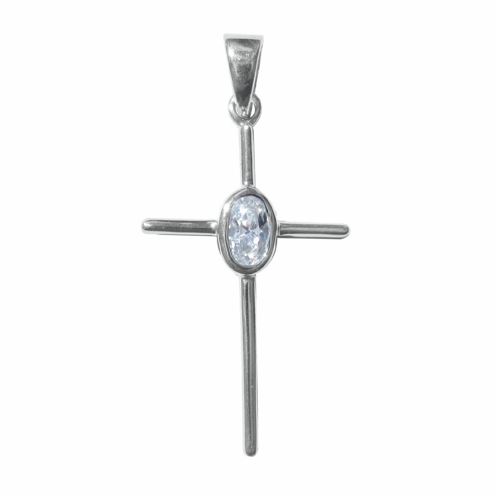 Delicate Highly Polished Sterling Silver Cross Pendant with Bezel-Set Oval-Cut Cubic Zirconia - for Easter or Gift of Faith