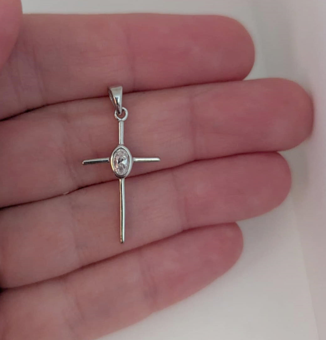 Delicate Highly Polished Sterling Silver Cross Pendant with Bezel-Set Oval-Cut Cubic Zirconia - for Easter or Gift of Faith