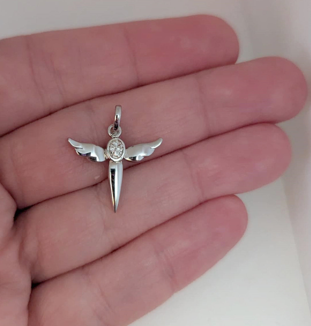 High Polished Sterling Silver Cross with Wings Pendant Featuring Round-Cut Cubic Zirconia Accents for Easter or Gift of Faith