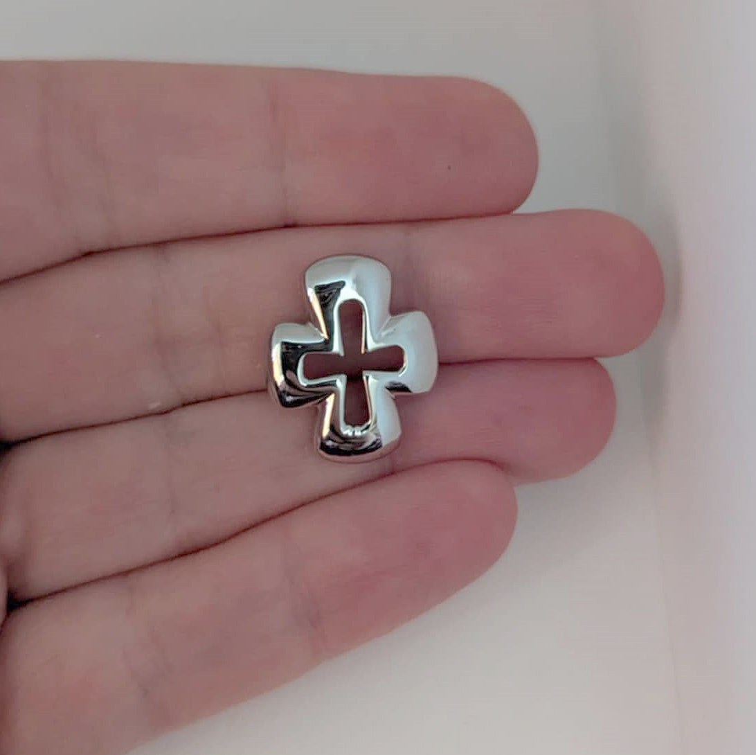 Highly Polished Sterling Silver Short Cross Pendant with Cut-Out Center and Slider Bail for Easter or Gift of Faith