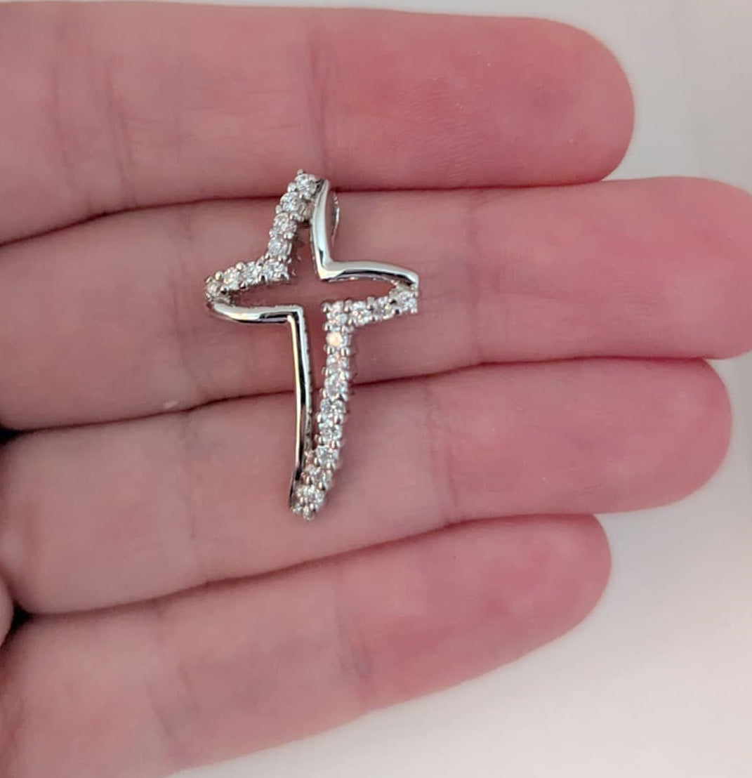 Open Free-Form Design Sterling Silver Cross Pendant with Prong-Set Cubic Zirconia Accents for Easter or Gift of Faith