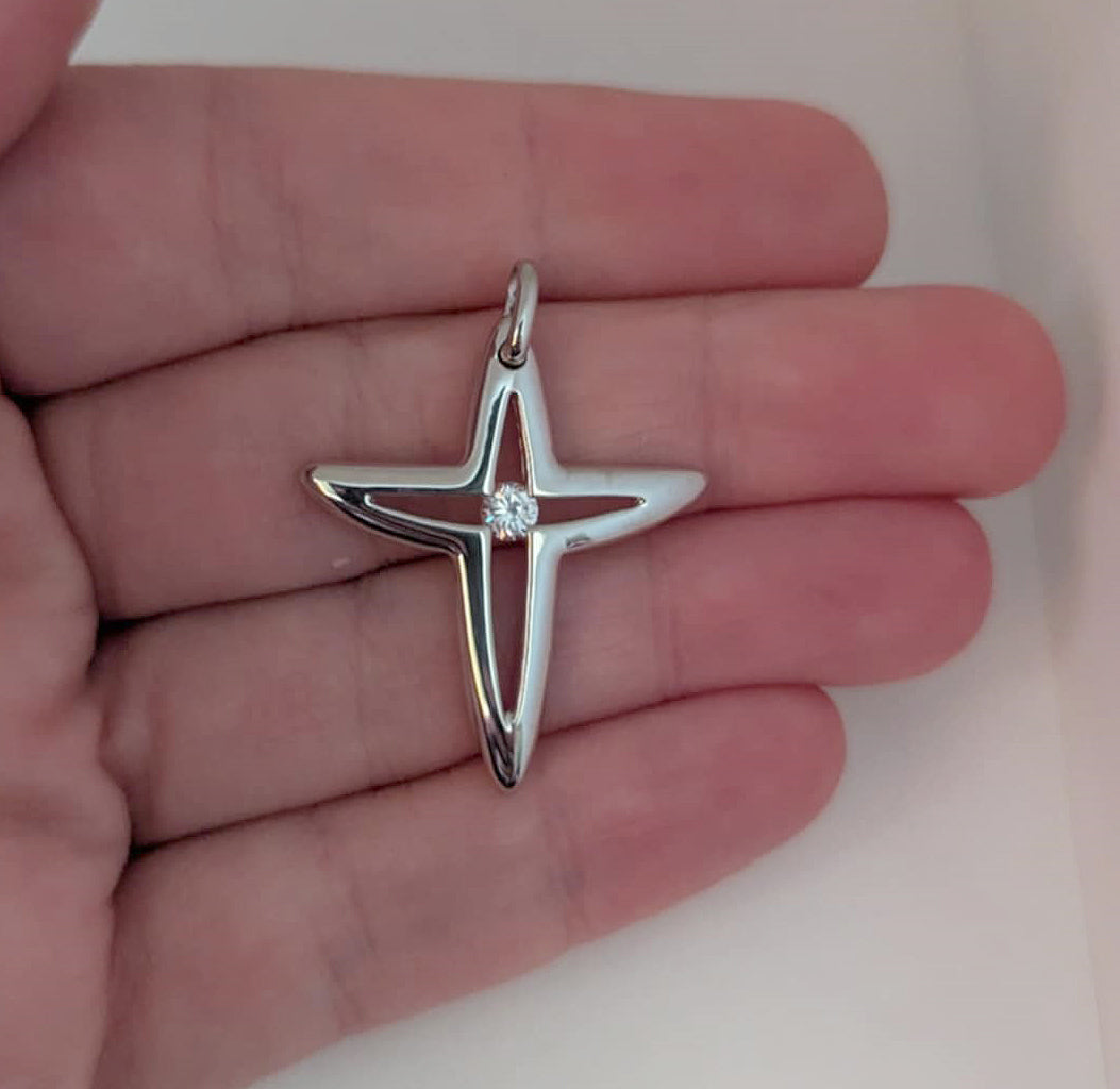 Highly Polished Sterling Silver Open Angular Cross Pendant with Round-Cut Cubic Zirconia Center for Easter or Gift of Faith