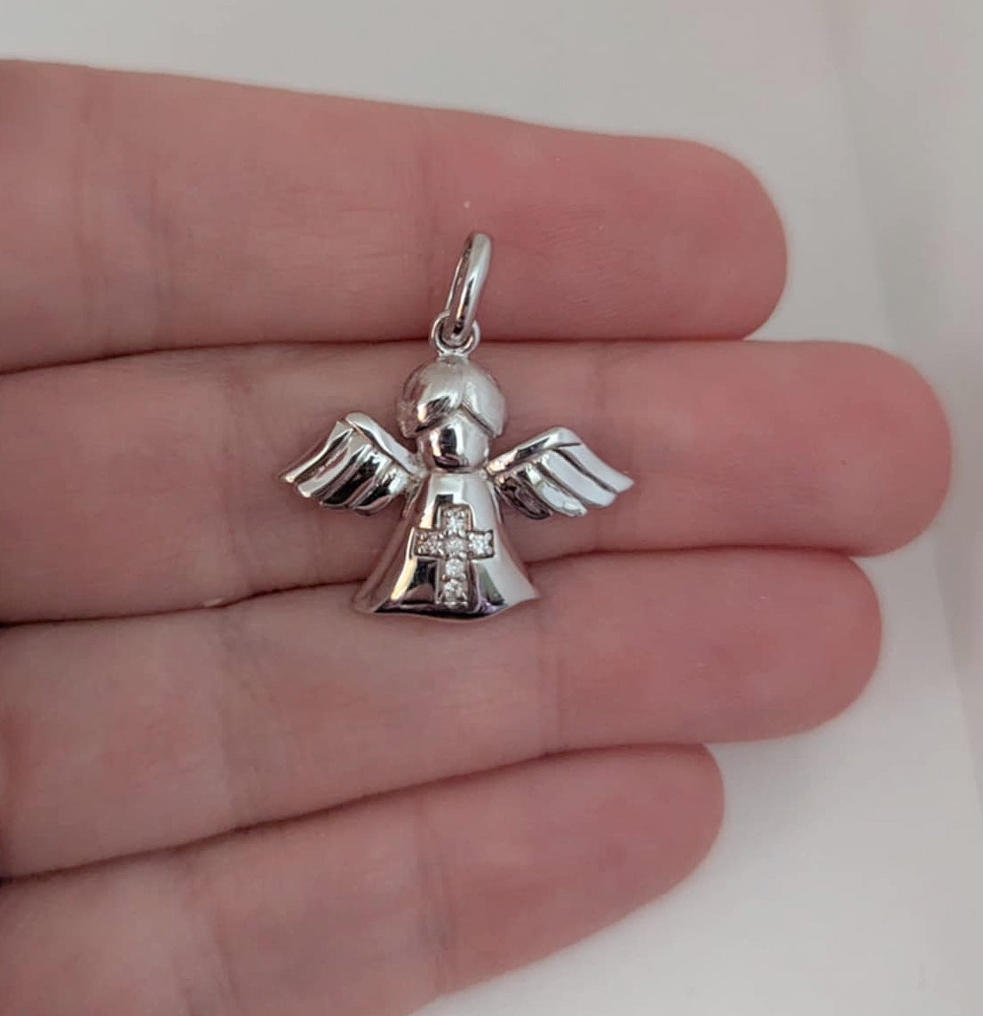 Polished Sterling Silver Angel Pendant with Cubic Zirconia Cross Center for Easter or Gift of Faith
