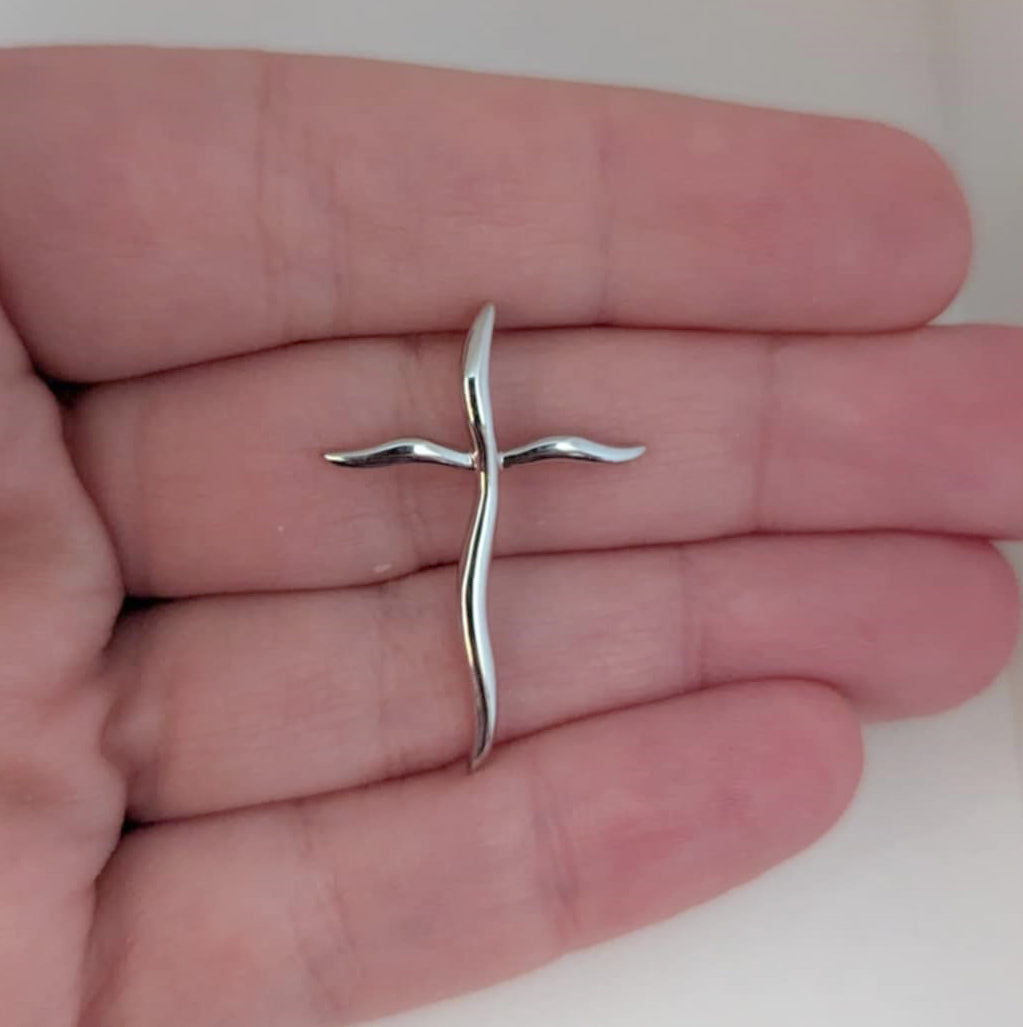 Highly Polished Sterling Silver Wavy Cross Pendant with Slider Bail for Easter or Gift of Faith
