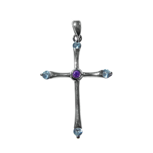 Highly Polished Sterling Silver Thin Cross Pendant with Prong and Bezel Set Colored Cubic Zirconia for Easter or Gift of Faith