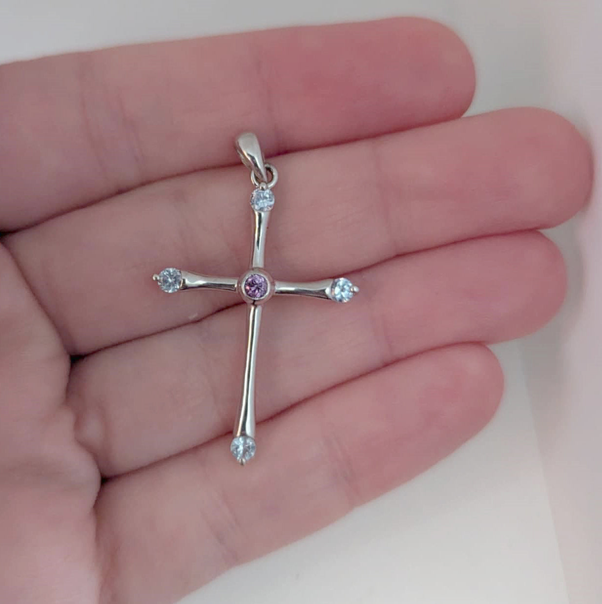 Highly Polished Sterling Silver Thin Cross Pendant with Prong and Bezel Set Colored Cubic Zirconia for Easter or Gift of Faith
