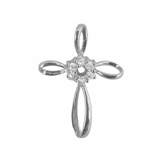 Highly Polished Sterling Silver Twisted Cross Pendant with Round-Cut Cubic Zirconia Flower Accent for Easter or Gift of Faith