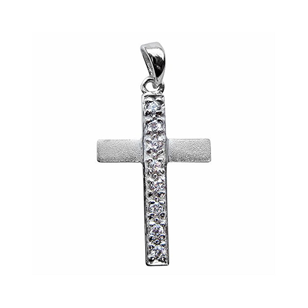 Satin and High Polish Sterling Silver Roman Cross Pendant with Pave-Set Cubic Zirconia Accents for Easter or Gift of Faith