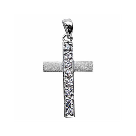 Satin and High Polish Sterling Silver Roman Cross Pendant with Pave-Set Cubic Zirconia Accents for Easter or Gift of Faith