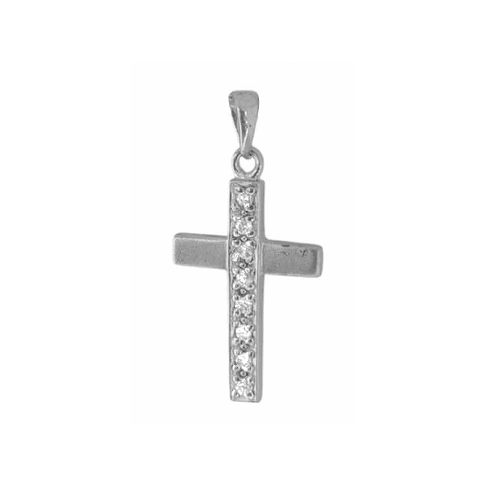 Satin and High Polish Sterling Silver Roman Cross Pendant with Pave-Set Cubic Zirconia Accents for Easter or Gift of Faith