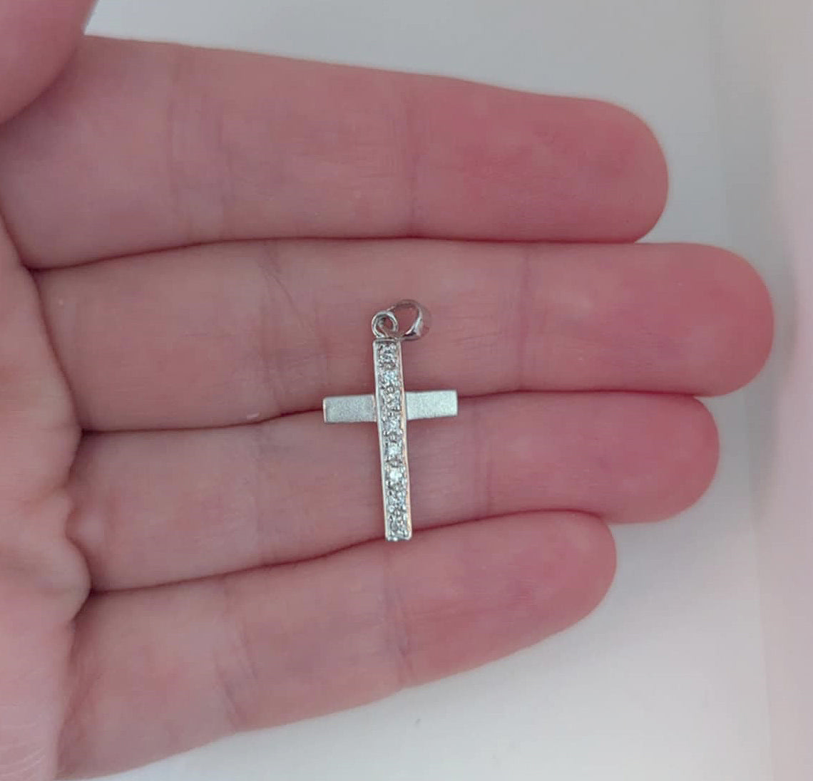 Satin and High Polish Sterling Silver Roman Cross Pendant with Pave-Set Cubic Zirconia Accents for Easter or Gift of Faith