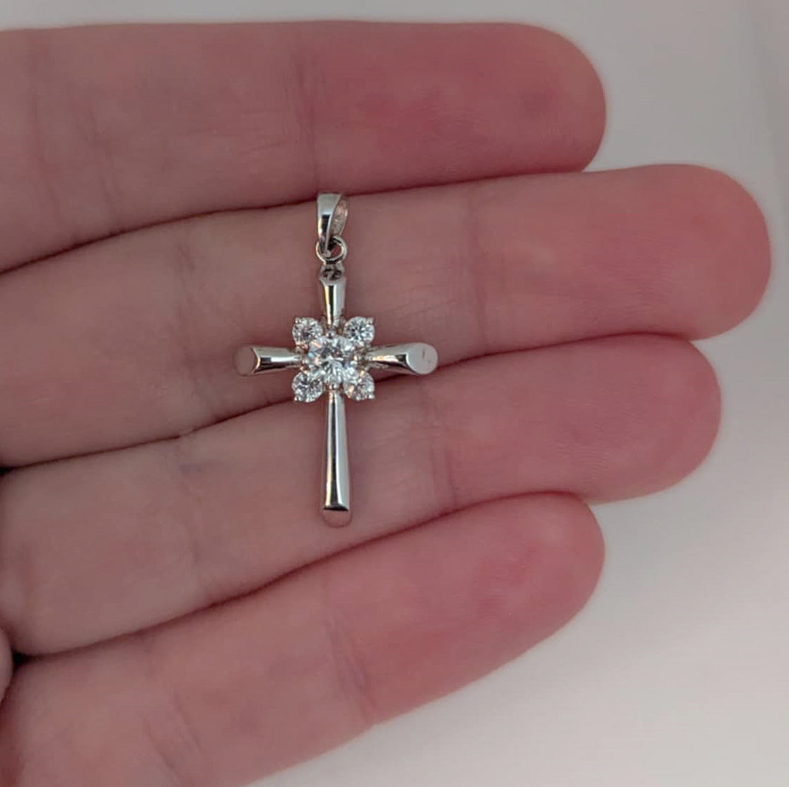 Polished Sterling Silver Pendant with Round-Cut Cubic Zirconia in Floral Design for Easter or Gift of Faith
