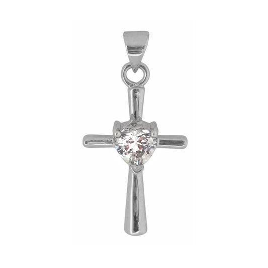 Highly Polished Sterling Silver Cross Pendant with Prong-Set Heart-Shaped Cubic Zirconia for Easter or Gift of Faith