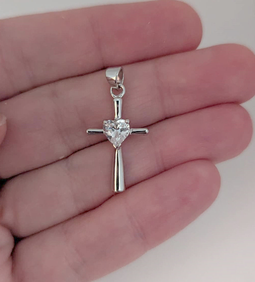 Highly Polished Sterling Silver Cross Pendant with Prong-Set Heart-Shaped Cubic Zirconia for Easter or Gift of Faith