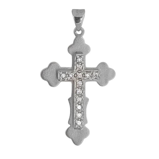 Satin Polished Sterling Silver Budded Cross Pendant with Inlaid Pave-Set Cubic Zirconia for Easter or Gift of Faith