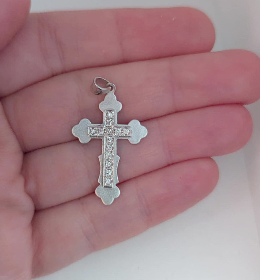 Satin Polished Sterling Silver Budded Cross Pendant with Inlaid Pave-Set Cubic Zirconia for Easter or Gift of Faith