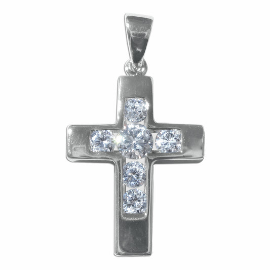 Mirror Polished Sterling Silver Roman Cross Pendant with Channel-Set Cubic Zirconia Accentsfor Easter or Gift of Faith
