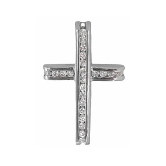 Polished Sterling Silver Cross Pendant with Slider Bail and Channel-Set Round-Cut Cubic Zirconiafor Easter or Gift of Faith