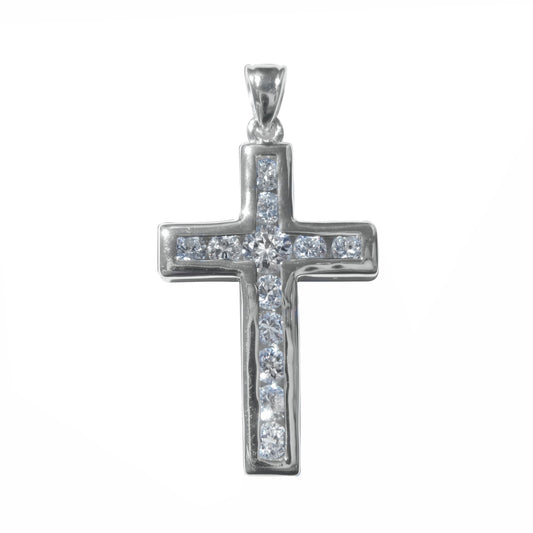 Highly Polished Sterling Silver Cross Pendant with Channel-Set Round-Cut Cubic Zirconia Accents for Easter or Gift of Faith