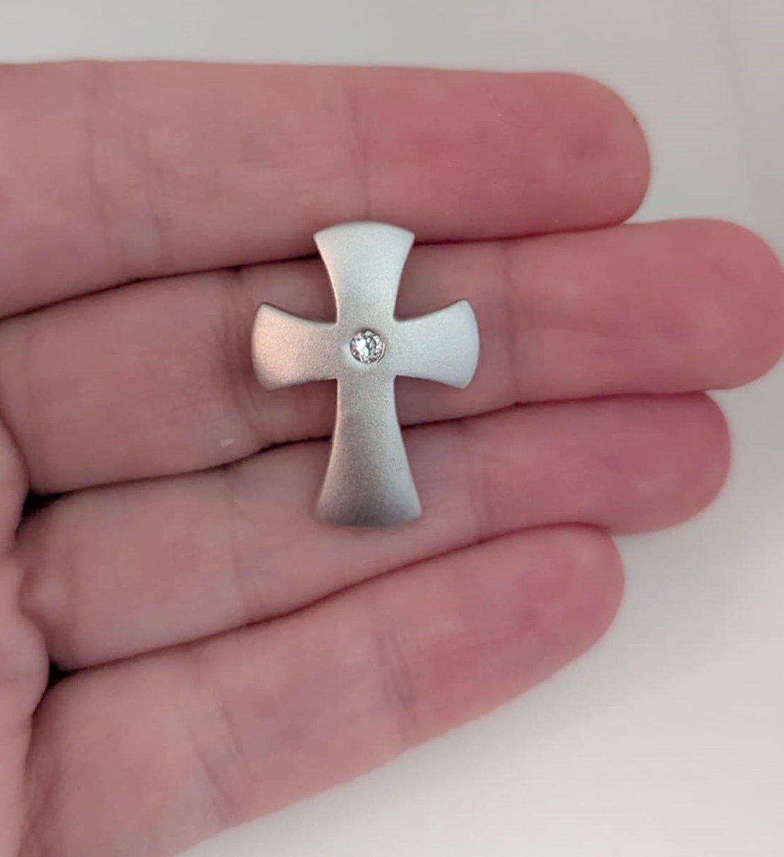 Satin Polished Sterling Silver Flared Cross Pendant with Bezel-Set Round-Cut Cubic Zirconia Centerfor Easter or Gift of Faith