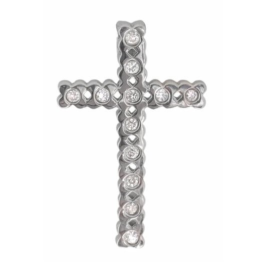 Polished Sterling Silver Roman Cross Pendant with Bezel-Set Cubic Zirconia and Floral Edge Design for Easter or Gift of Faith