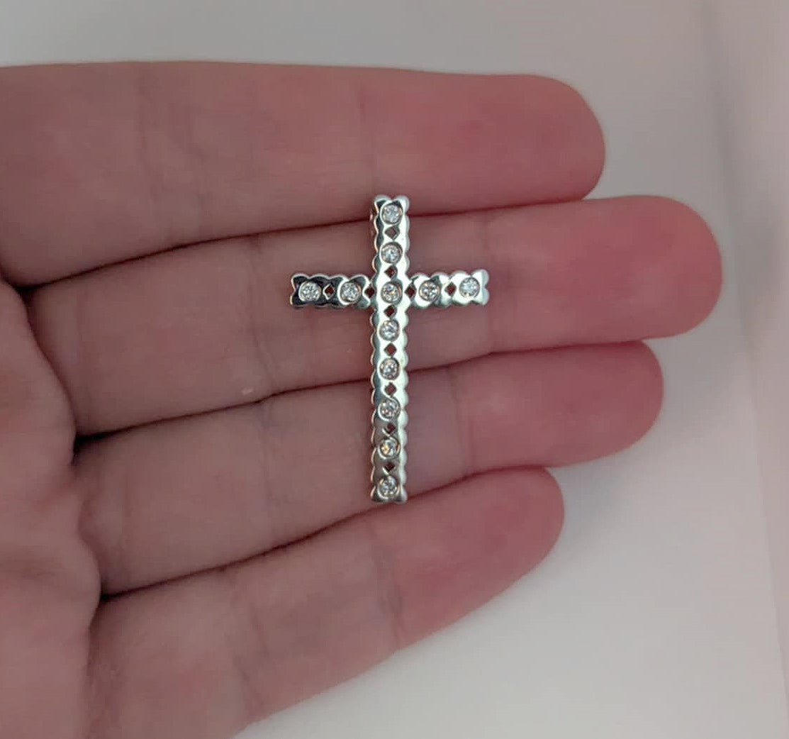 Polished Sterling Silver Roman Cross Pendant with Bezel-Set Cubic Zirconia and Floral Edge Design for Easter or Gift of Faith